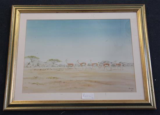 Two watercolours; town scene and gazelles